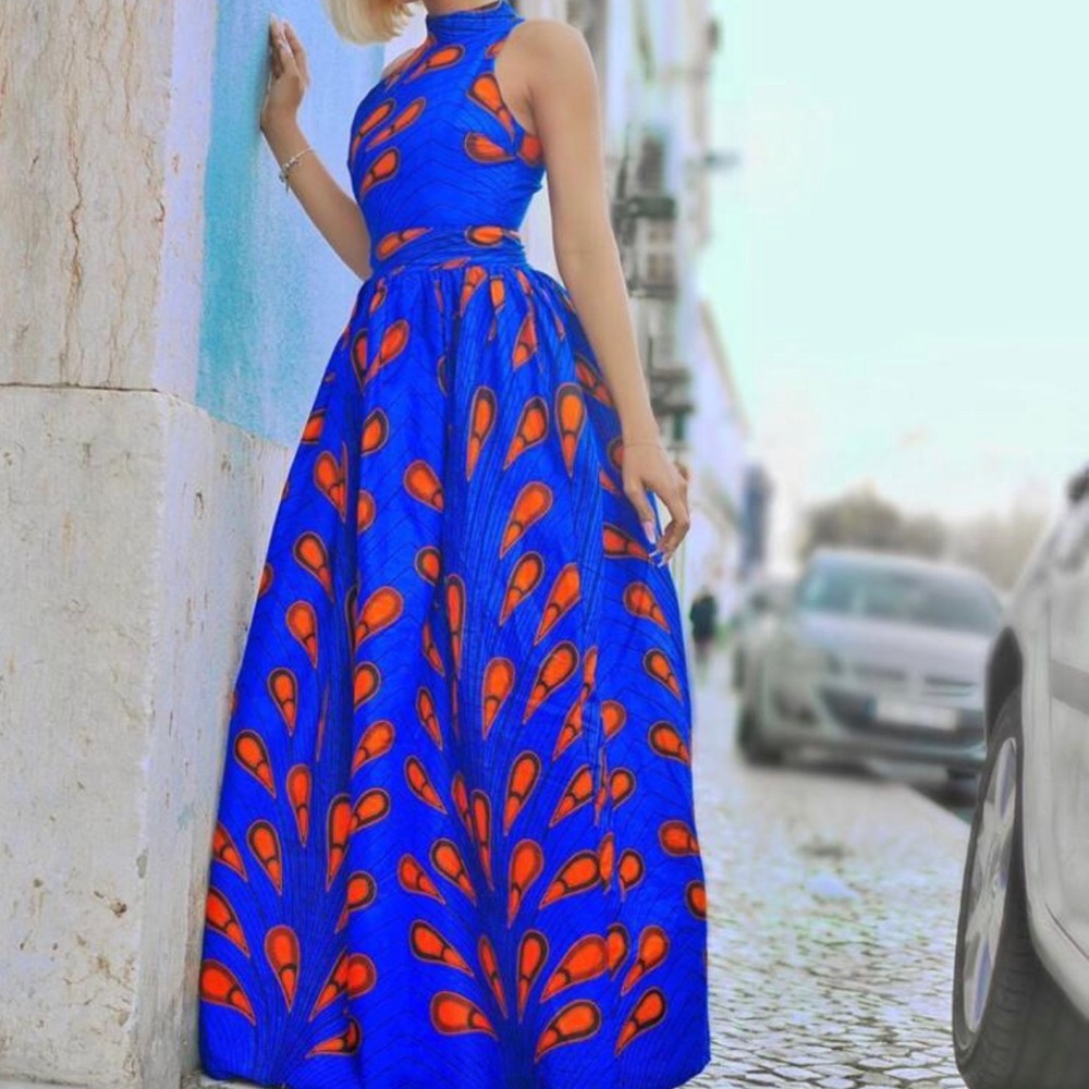Ankara Print Sleeveless Blue & Orange Maxi Dress - Elegant Printed Evening Gown